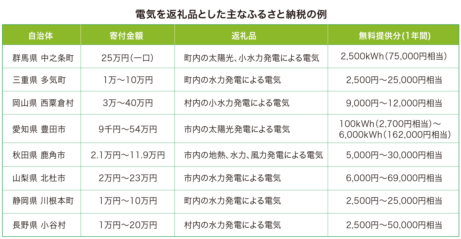 電気を返礼品とした主なふるさと納税の例